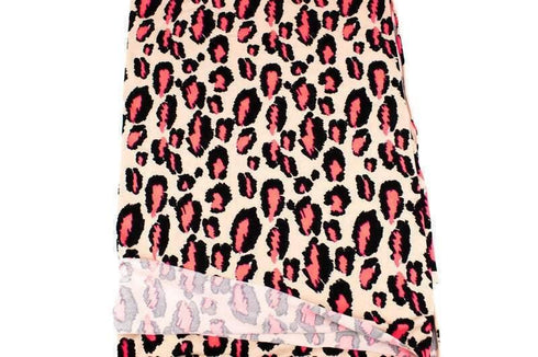 Beige Black and Neon Coral Pink Leopard Print Animal Print Brushed Polyester Spandex Knit Jersey Fabric by the yard